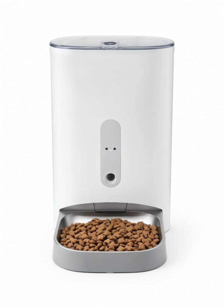 Tail-wagged automatic cat feeder with 2K HD camera and two-way audio, designed for remote feeding of cats.