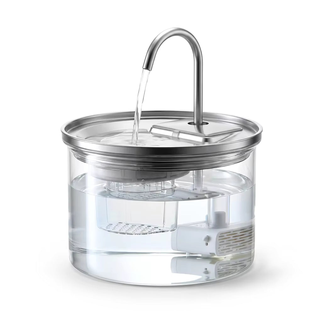 Tail-wagged pet water fountain with elegant glass design and 2L capacity, encouraging hydration for cats and dogs.