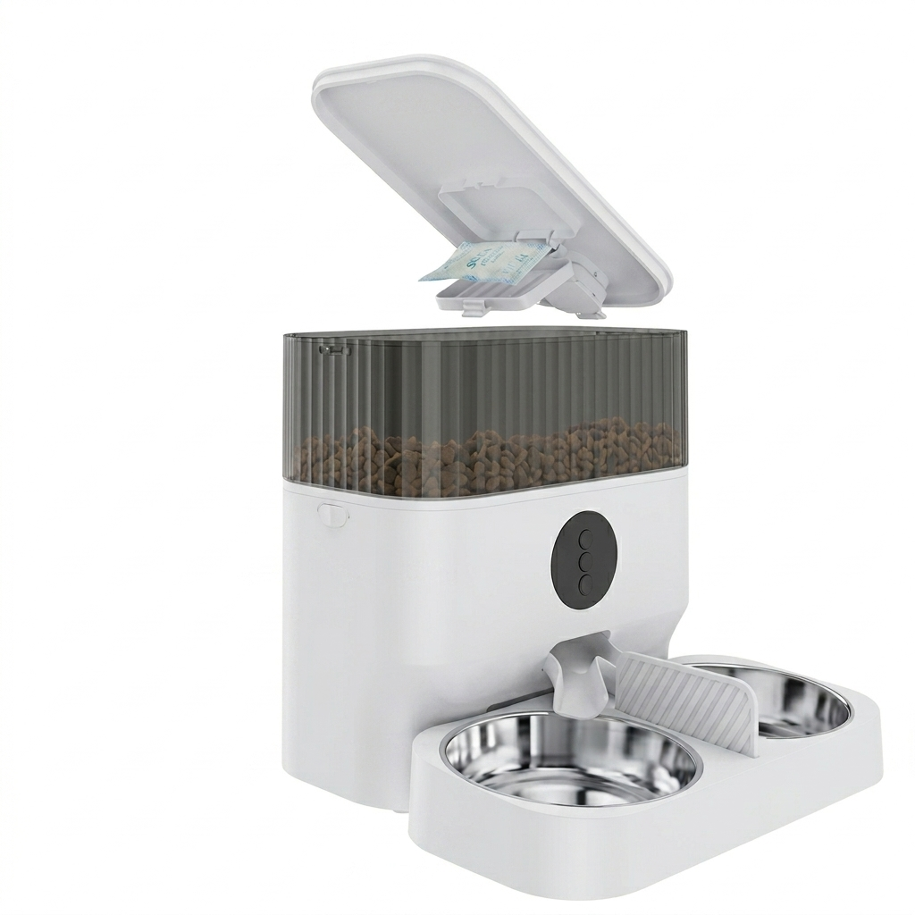 Tail-wagged smart pet feeder with WiFi, dual bowls, and app control for convenient automatic pet feeding.