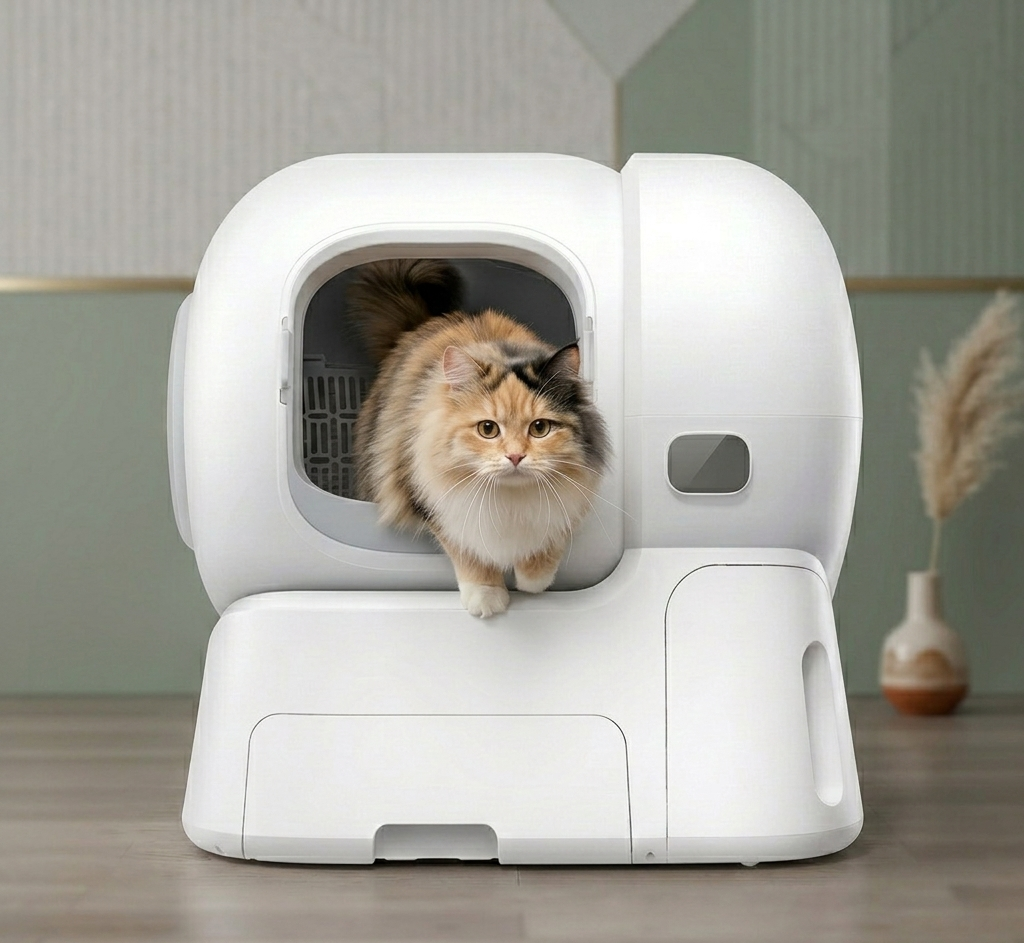 Tail-wagged Ultimate Cat Care self-cleaning litter box with automatic replenishment, designed for multi-cat households.