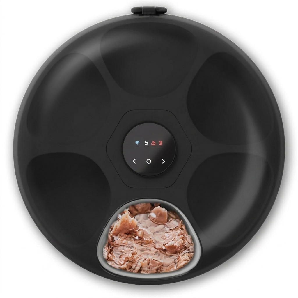 Automatic pet feeder by tail-wagged with ice packs, cordless design, displaying fresh pet meals in a modern kitchen setting.