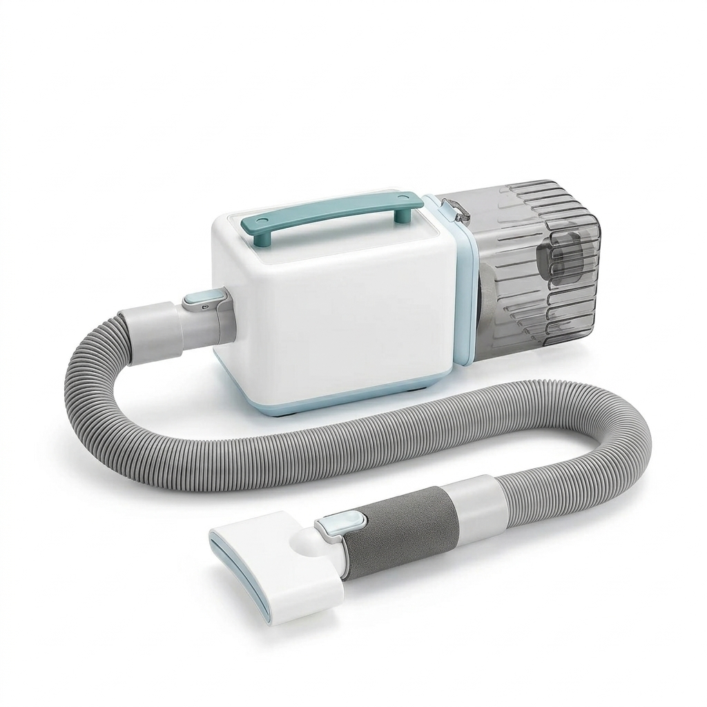 Tail-wagged pet grooming vacuum with powerful suction and quick drying tool for effortless pet care, shown with grooming attachments.