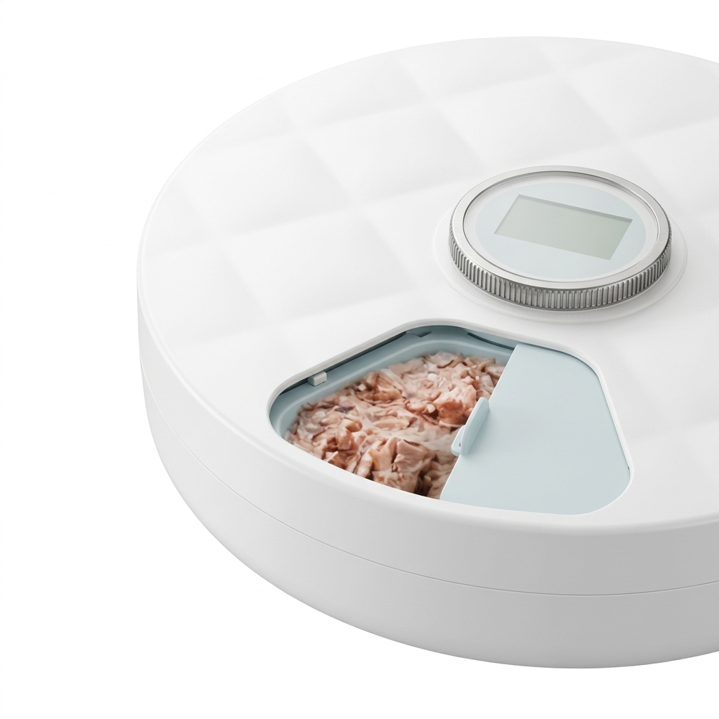 Tail-wagged automatic pet feeder with 2K HD camera and portion control for cats and dogs, featuring a sleek design and digital display.