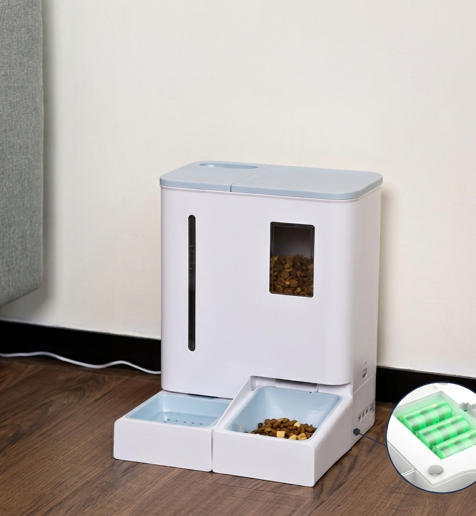 Tail-wagged smart pet feeder with WiFi app control, featuring a sleek design and food dispensing tray for convenient pet feeding.