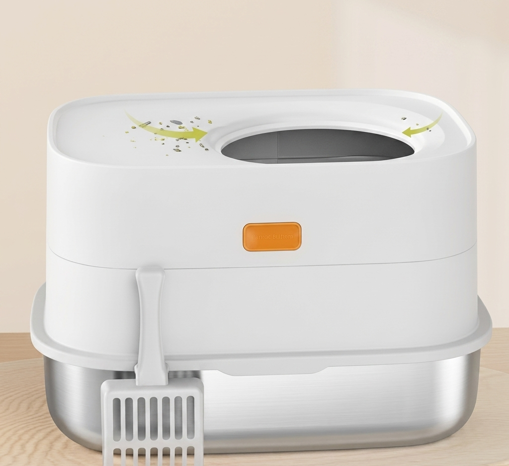 Large tail-wagged XL top entry cat litter box with stainless steel base, featuring easy clean design for odor control and hygiene.
