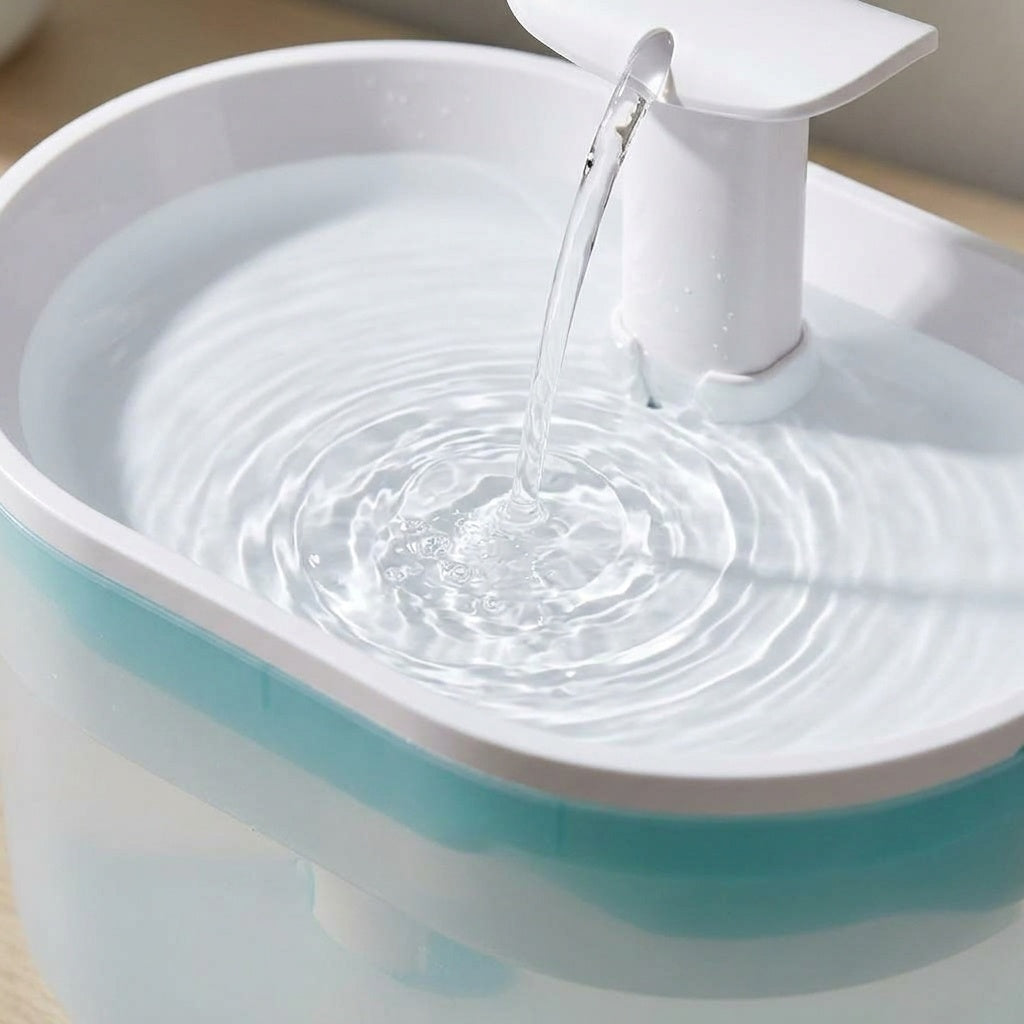 A close-up of a pet water fountain with clear water flowing from a white spout into a shallow basin, showing a light aqua blue lower container.