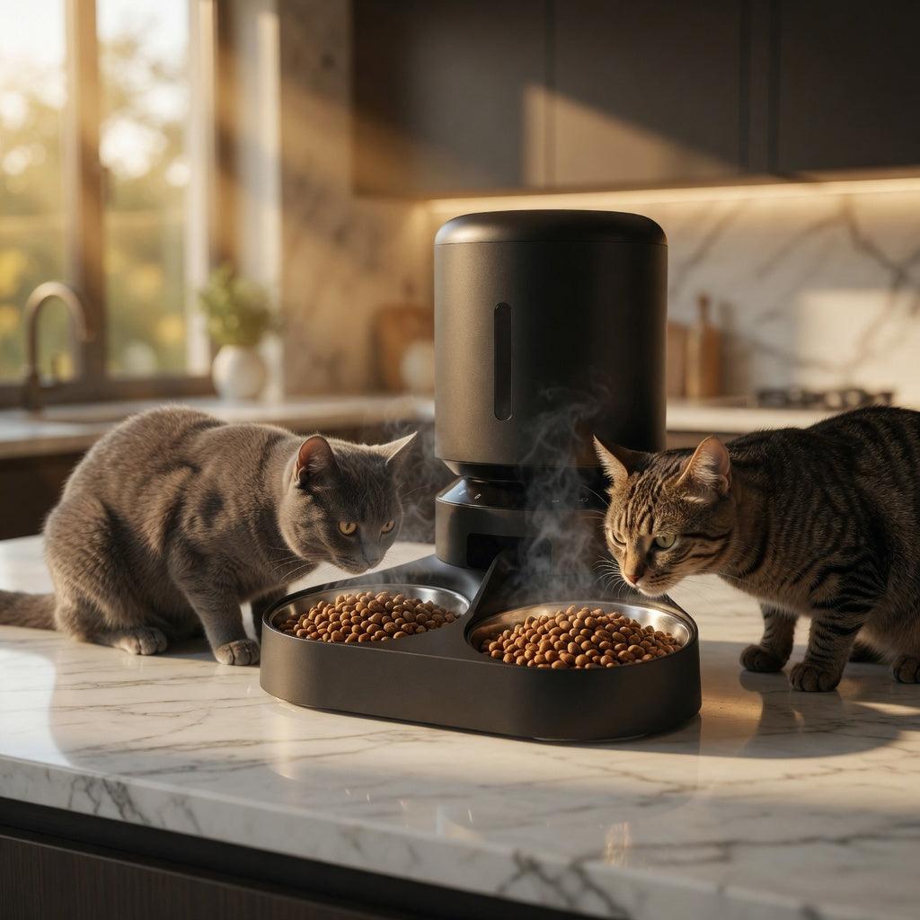 Tail-wagged automatic cat feeder with voice recording, LED display, and multiple food compartments for convenient pet feeding.