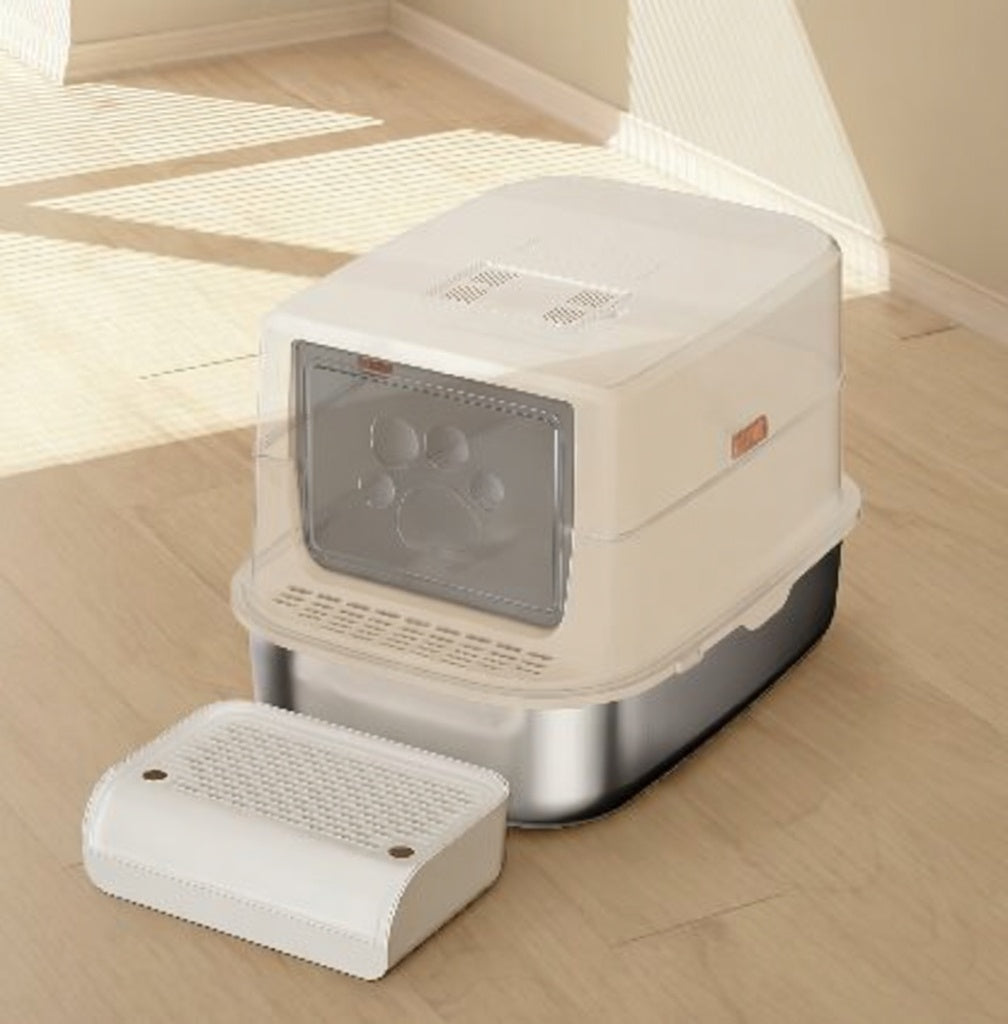 Tail-wagged stainless steel enclosed cat litter box with easy-to-clean design for enhanced pet hygiene.