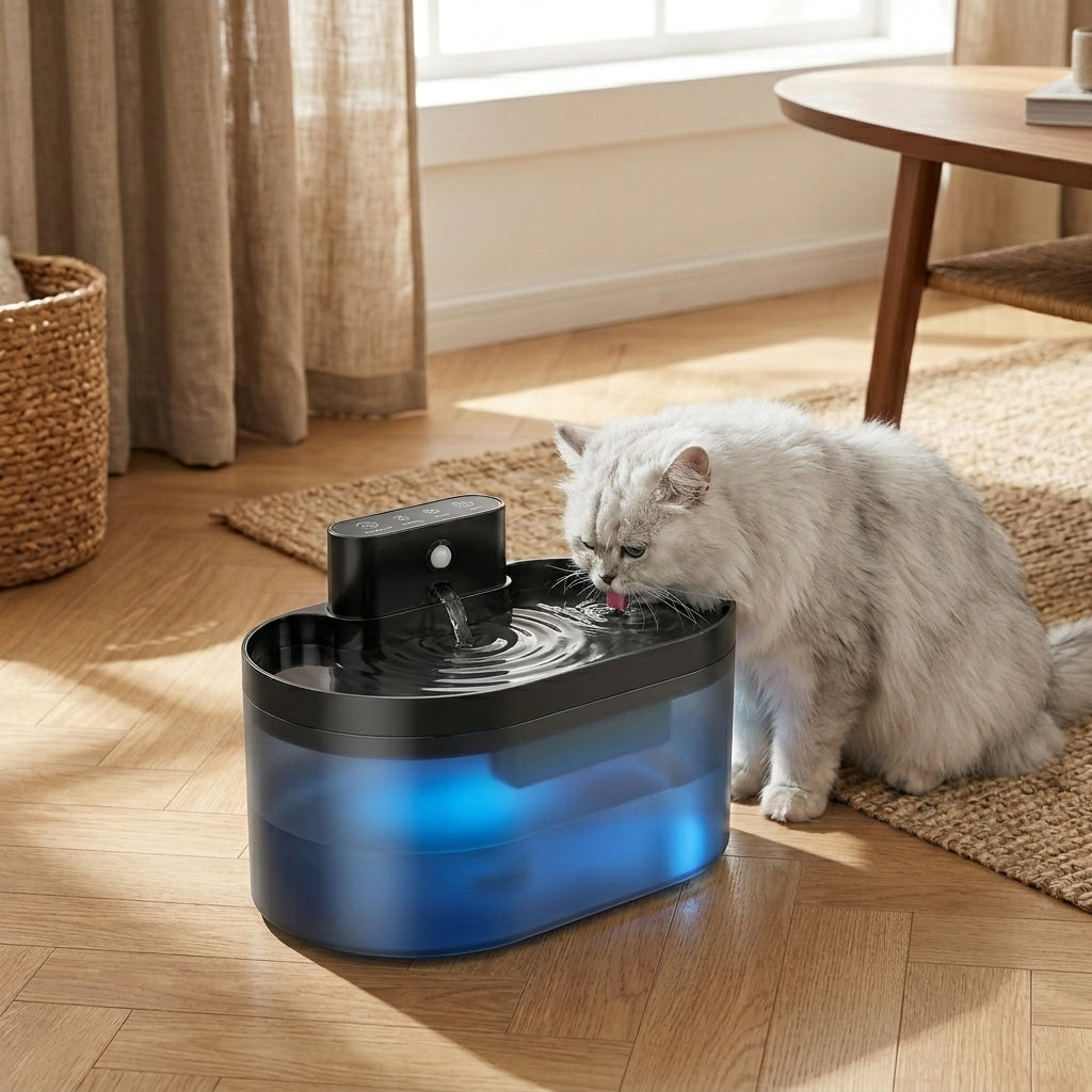 Tail-wagged Pet Hydration Pro dog water fountain with infrared sensor and 2.2L automatic water dispenser for healthy hydration.
