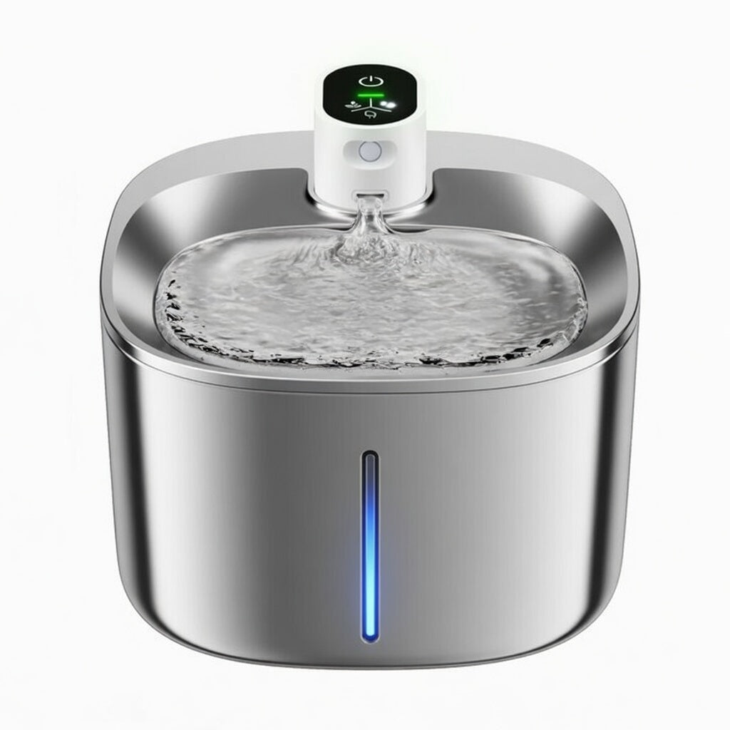 Wireless pet fountain by Tail-Wagged with adjustable flow, showing flowing water and modern design for pet hydration.
