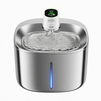 Wireless pet fountain by Tail-Wagged with adjustable flow, showing flowing water and modern design for pet hydration.