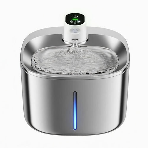Wireless pet fountain by Tail-Wagged with adjustable flow, showing flowing water and modern design for pet hydration.