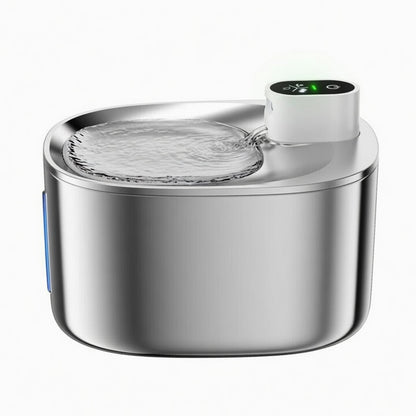 Wireless pet fountain by tail-wagged with adjustable flow, providing fresh, flowing water for pets' hydration.