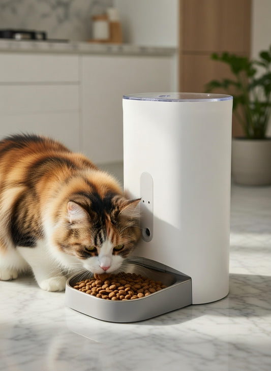 Tail-wagged automatic cat feeder with 2K HD camera and two-way audio for remote feeding, showing the sleek, modern design.