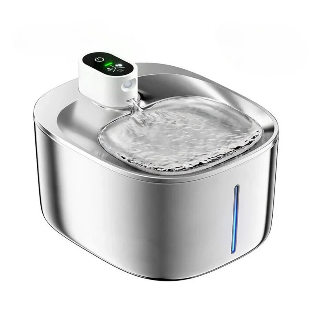Wireless pet fountain by tail-wagged with adjustable flow, featuring a water basin and filter for pet hydration.