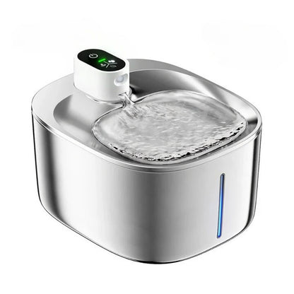 Wireless pet fountain by tail-wagged with adjustable flow, featuring a water basin and filter for pet hydration.