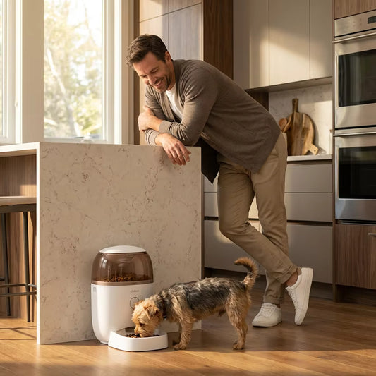 Tail-wagged smart pet feeder with 1.8L capacity, WiFi connectivity, and automatic feeding for pets.