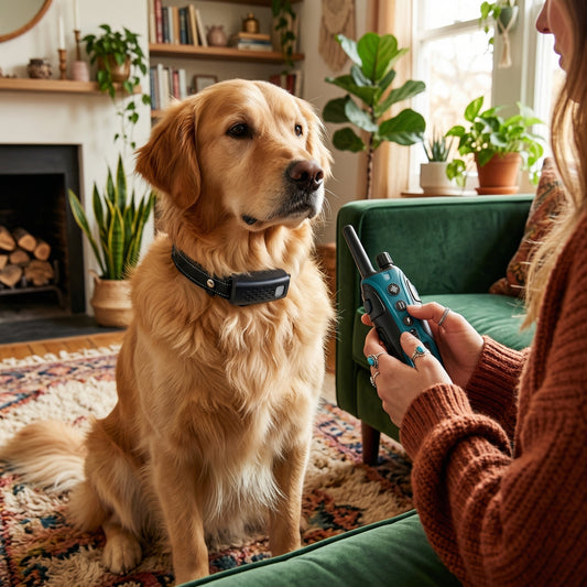 Tail-wagged dog training collar with waterproof design and 2000m range, shown on a dog for effective long-distance training.