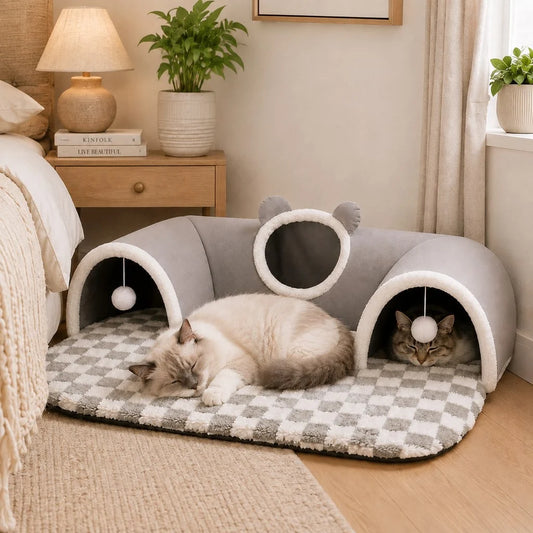 Cozy Cat Haven | 3-in-1 Multi-Cat Tunnel Bed with Plush Comfort | Spacious Hideaway for Play and Rest 0