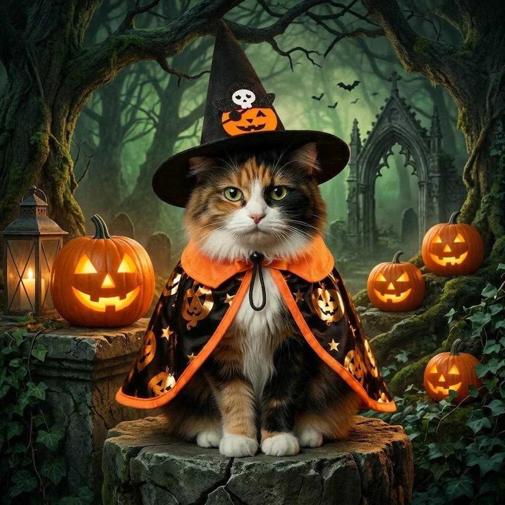 Festive Cat Costumes | Cat Witch Costume Set with Black Hat & Pumpkin Cape for Halloween Fun 1