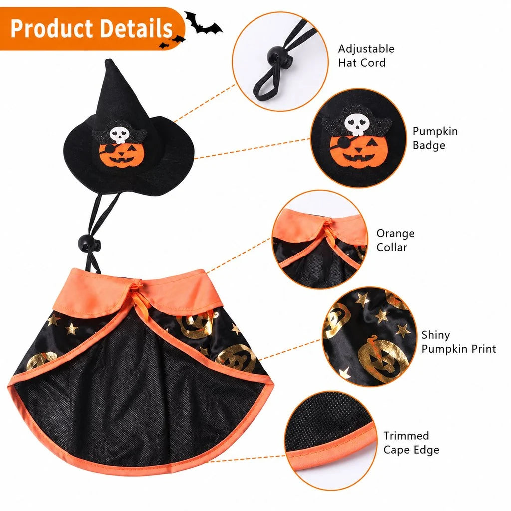 Festive Cat Costumes | Cat Witch Costume Set with Black Hat & Pumpkin Cape for Halloween Fun 6
