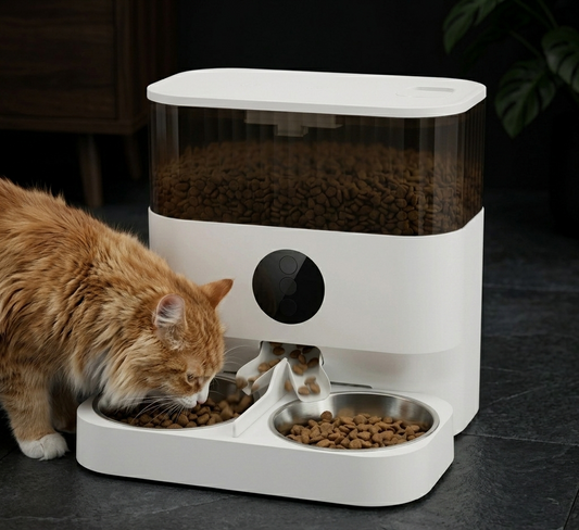 Tail-wagged smart pet feeder with WiFi, app control, and dual bowls for convenient, automatic pet feeding.