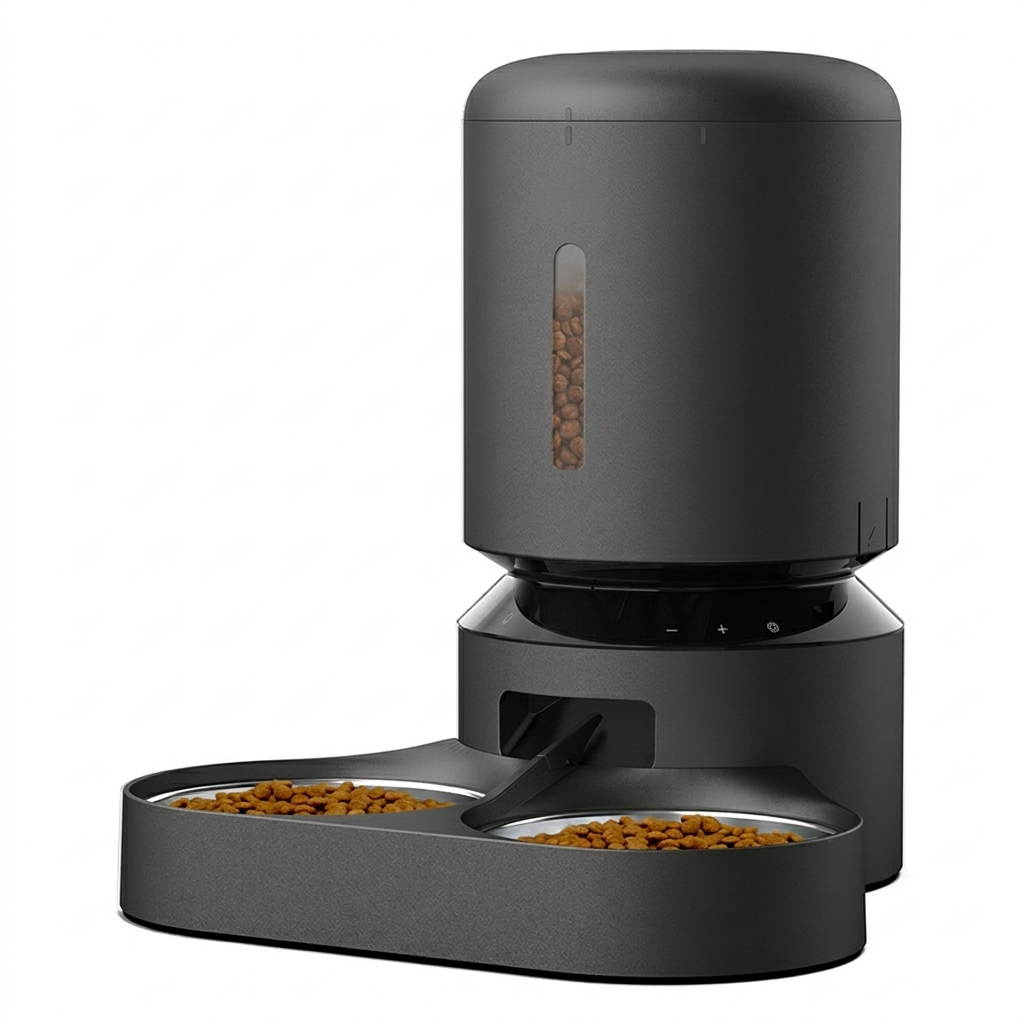 Automatic pet feeder from tail-wagged with LED display and voice recording, designed for convenient cat feeding.