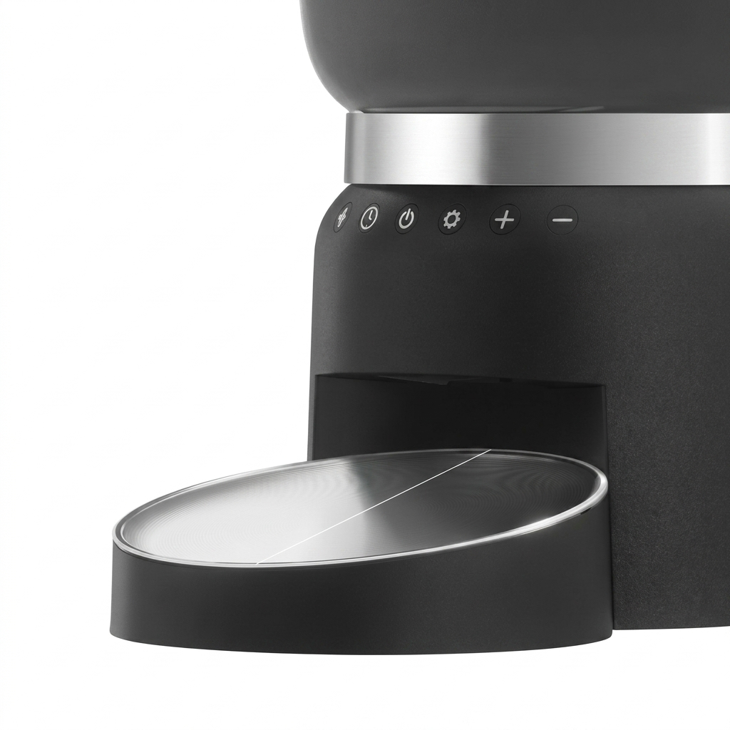 Tail-wagged smart pet feeder with digital controls and remote access for automatic, programmable pet meal feeding.