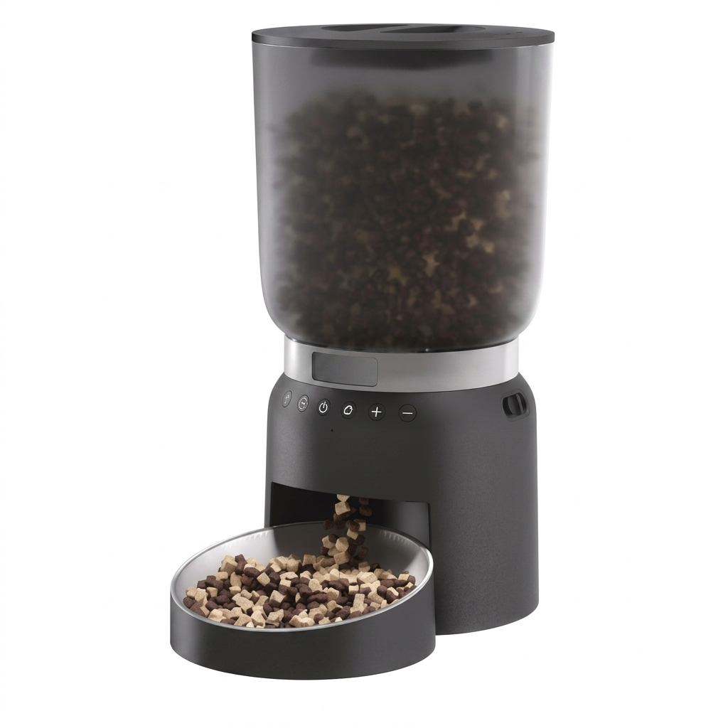 Tail-wagged smart pet feeder with digital control and programmable meal settings, designed for convenient automatic pet feeding.