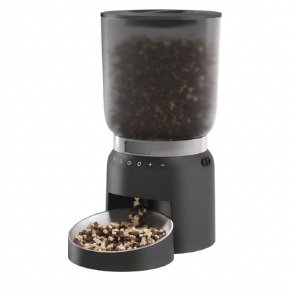 Tail-wagged smart pet feeder with digital control and programmable meal settings, designed for convenient automatic pet feeding.