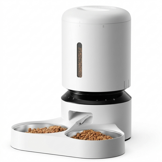 Tail-wagged automatic cat feeder with voice recording and LED display, providing convenient, timed feeding for cats.