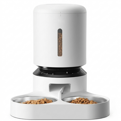 Tail-wagged automatic cat feeder with LED display and voice recording for convenient, hassle-free pet feeding.