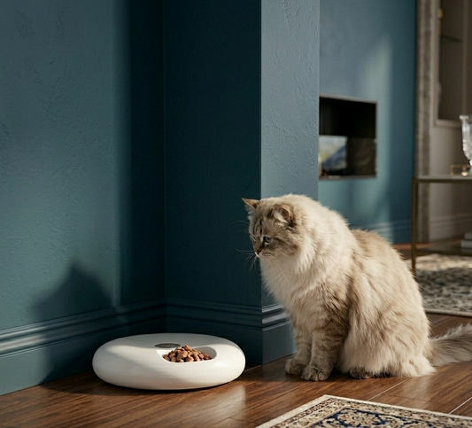 Automatic pet feeder by tail-wagged with ice packs, cordless design, and multiple compartments for fresh, convenient pet meal dispensing.