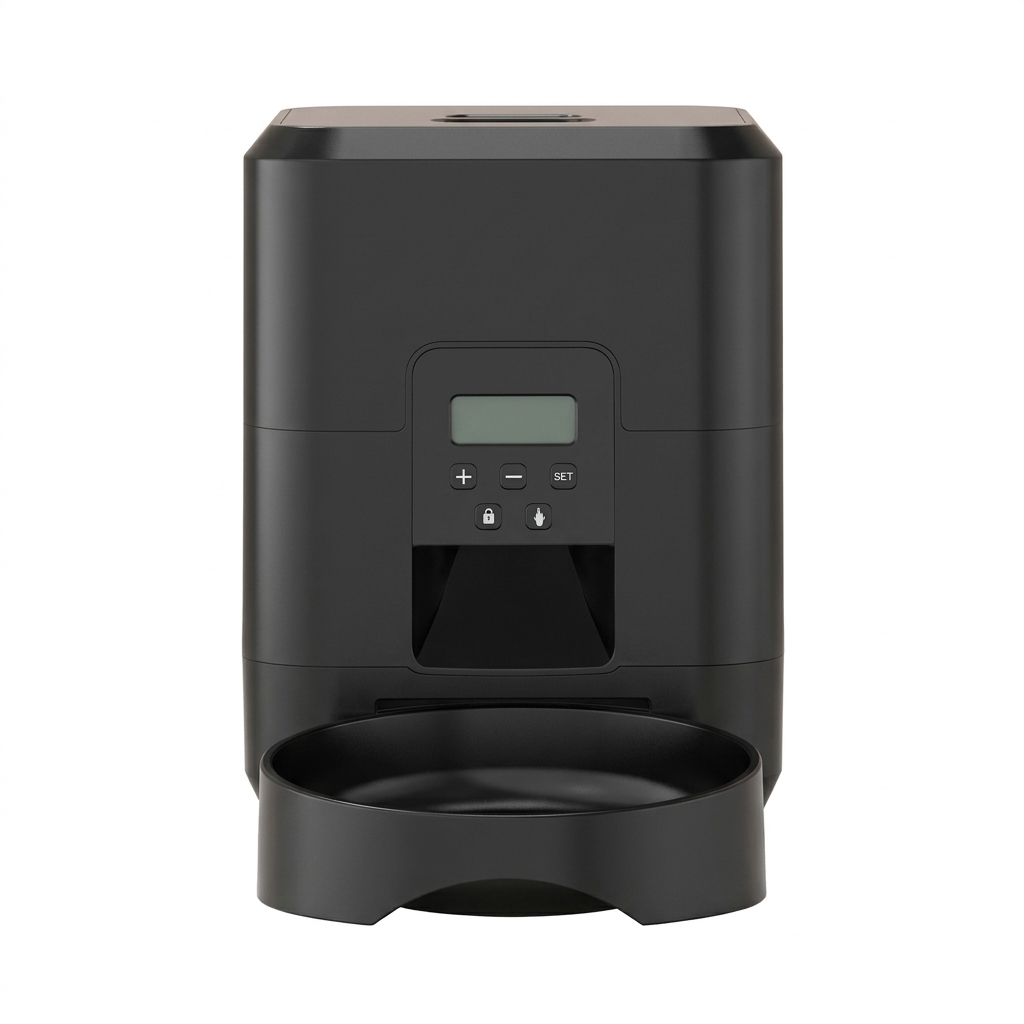 Tail-wagged smart pet feeder with WiFi and timer control, showing precise portioning for healthy pets.