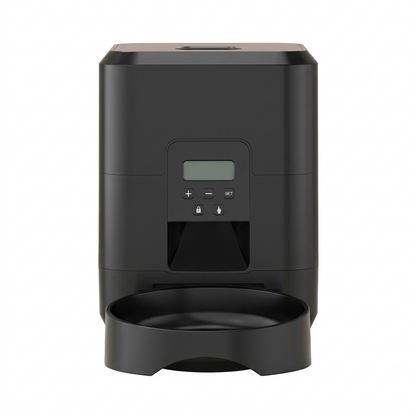 Tail-wagged smart pet feeder with WiFi and timer control, showing precise portioning for healthy pets.