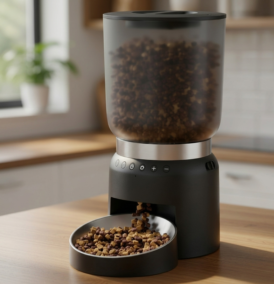 Tail-wagged smart pet feeder with digital display, remote control, and programmable meal compartments for convenient pet feeding.