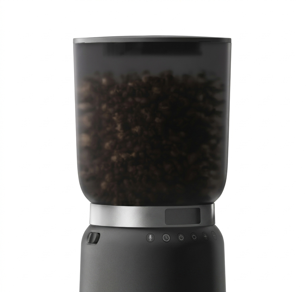 Tail-wagged automatic pet feeder with digital controls and remote access, offering programmable meal portions for convenient pet feeding.