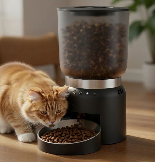 Tail-wagged smart pet feeder with digital controls and remote access, offering programmable meals for convenient pet feeding.