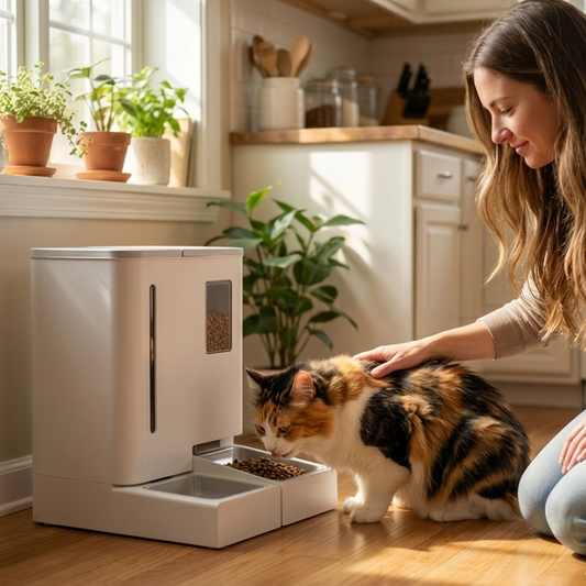 Tail-wagged automatic pet feeder with WiFi app control, showcasing a sleek, modern design for convenient pet feeding.