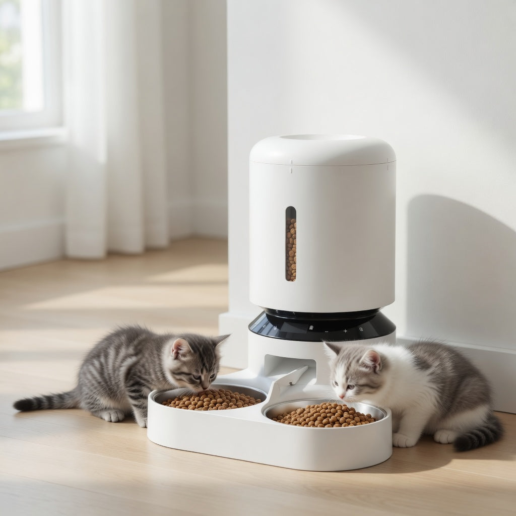 Tail-wagged automatic cat feeder with voice recording, LED display, and food tray for convenient pet feeding.