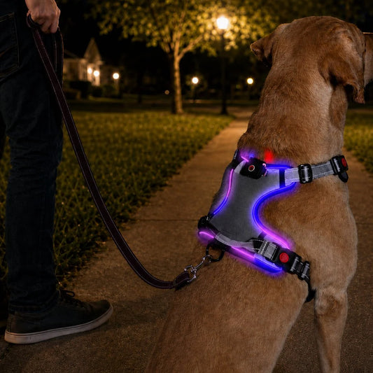 LED Dog Harness with Rechargeable Light & Reflective Webbing for Safety 0