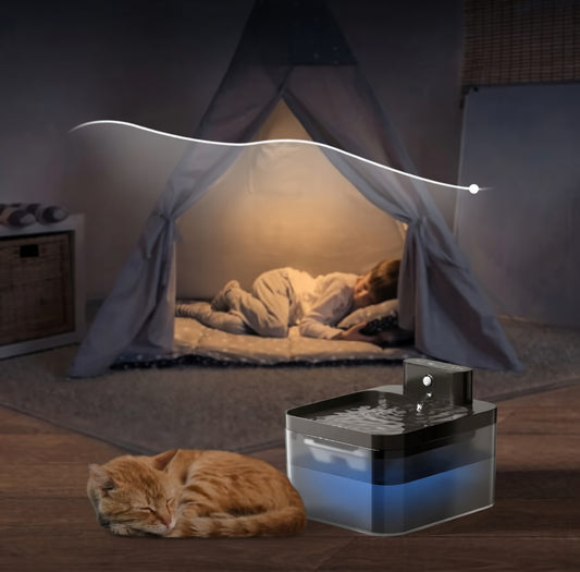 Tail-wagged automatic cat water fountain with sensor, featuring filtered, fresh water flowing into a sleek, modern pet hydration device.