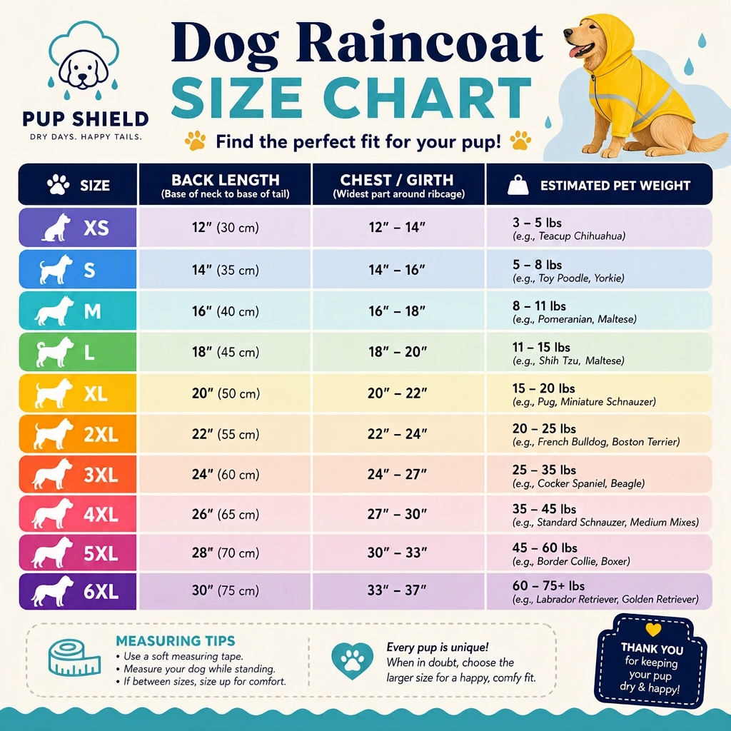 A colorful dog raincoat size chart from PUP SHIELD, featuring a size guide from XS to 6XL with back length, chest/girth, estimated pet weight, and illustrations of dogs and a dog wearing the yellow raincoat.
