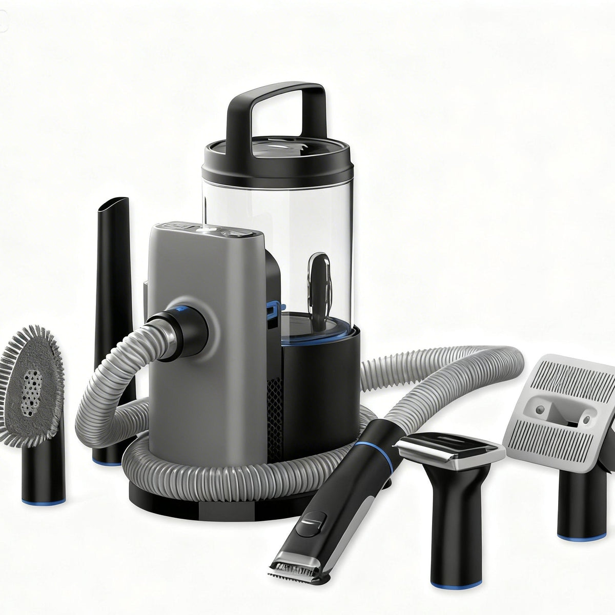 Pawswins Premium Pet Grooming Vacuum Kit with large container, efficient for grooming all pets.