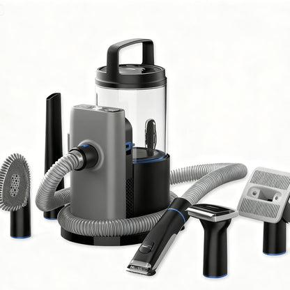 Pawswins Premium Pet Grooming Vacuum Kit with large container, efficient for grooming all pets.