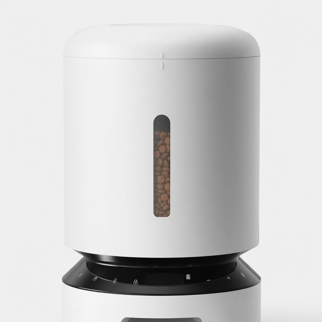 Tail-wagged automatic cat feeder with LED display, voice recording feature, and food dispensing tray for convenient pet feeding.