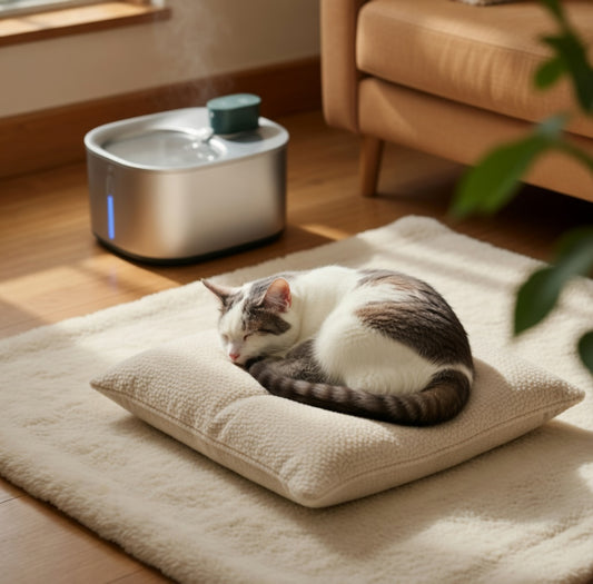 Tail-wagged stainless steel cat water fountain with 4.0L capacity, durable design, and flowing water for healthy pet hydration.