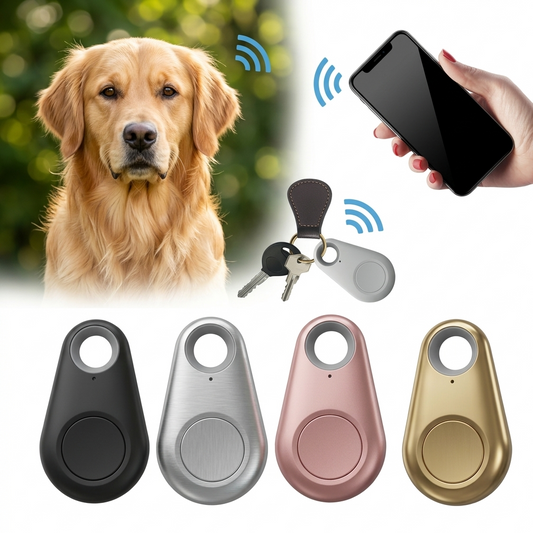 Waterproof mini GPS tracker for pets by tail-wagged, showing real-time location tracking device with secure collar attachment.