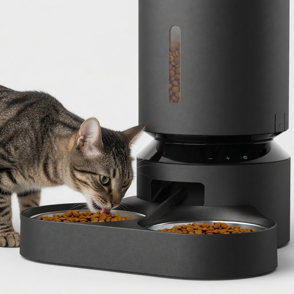 Tail-wagged automatic cat feeder with LED display, voice recording feature, and food dispensing tray for convenient pet feeding.