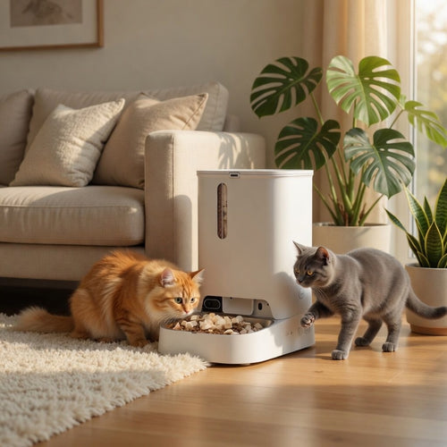 Tail-wagged automatic pet feeder with camera monitoring and dual-hopper design for 24/7 pet care.